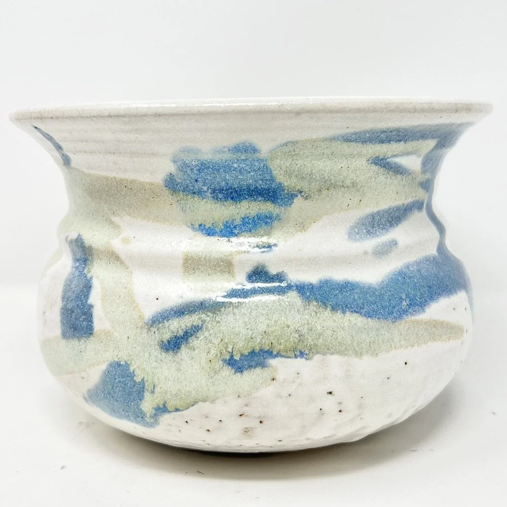 Vintage Pottery Hand Made Planter Vase Cream Blue Green Signed‎ 5x7 Boho Rustic